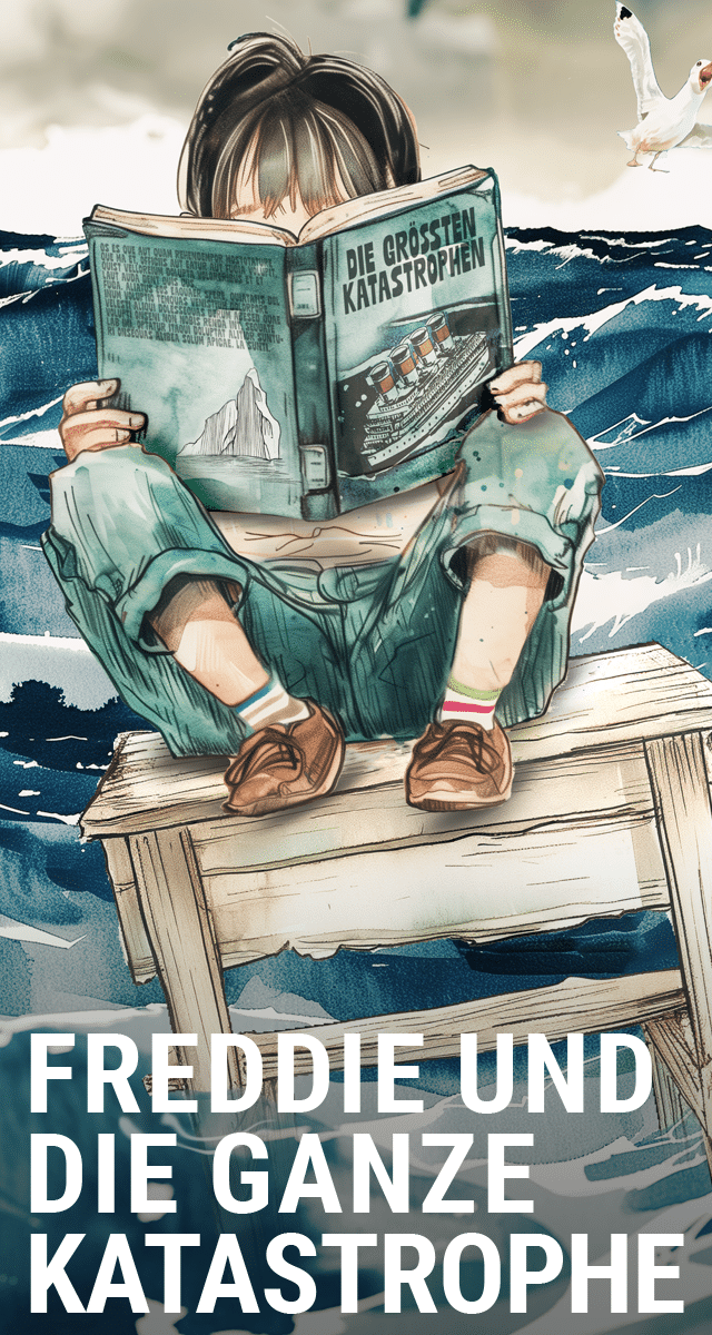Kind auf einem Tisch im Meer treibend. Illustration von Jürgen Held